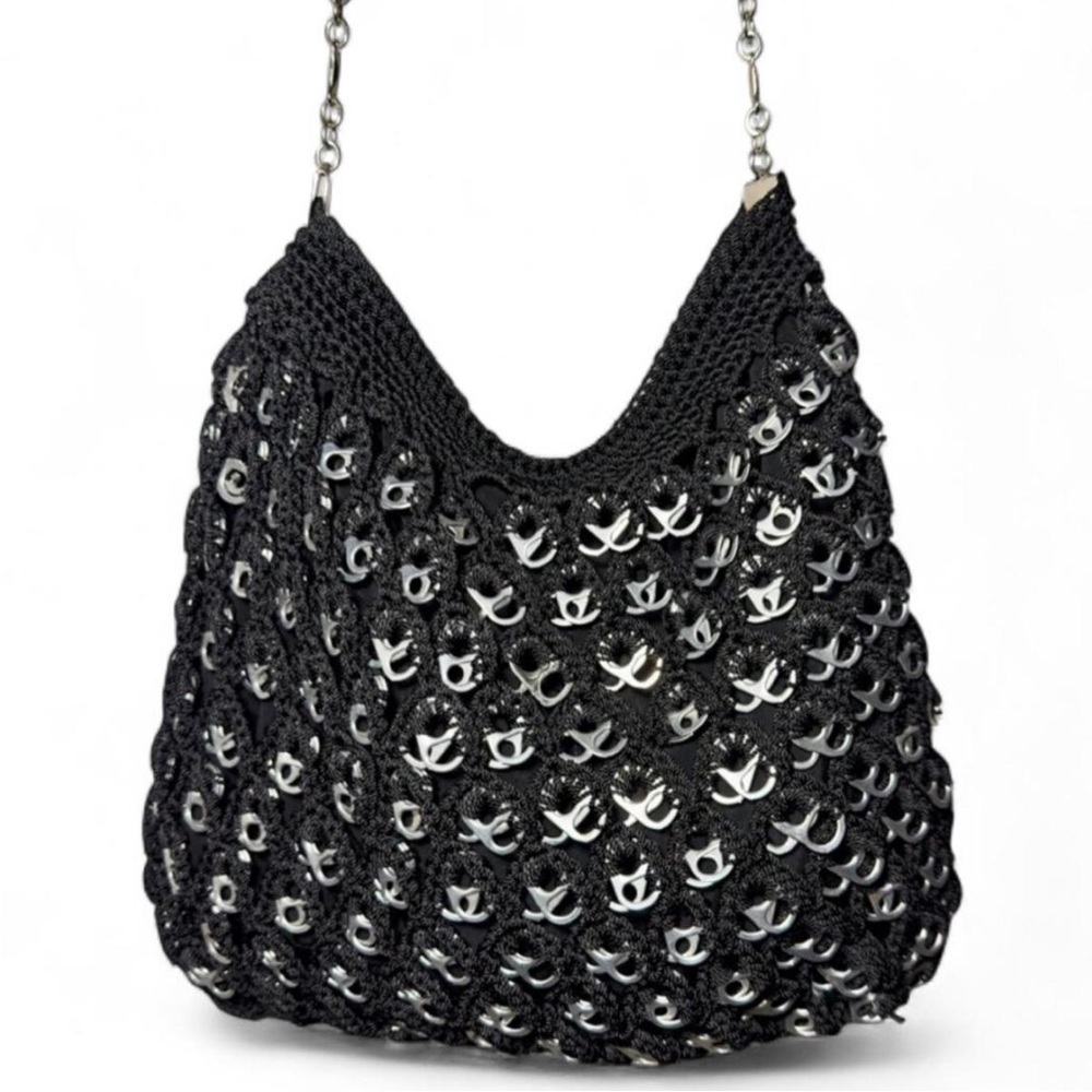 Black Crochet Metal Embellished Hobo Bag Silver Chain Strap Y2K
